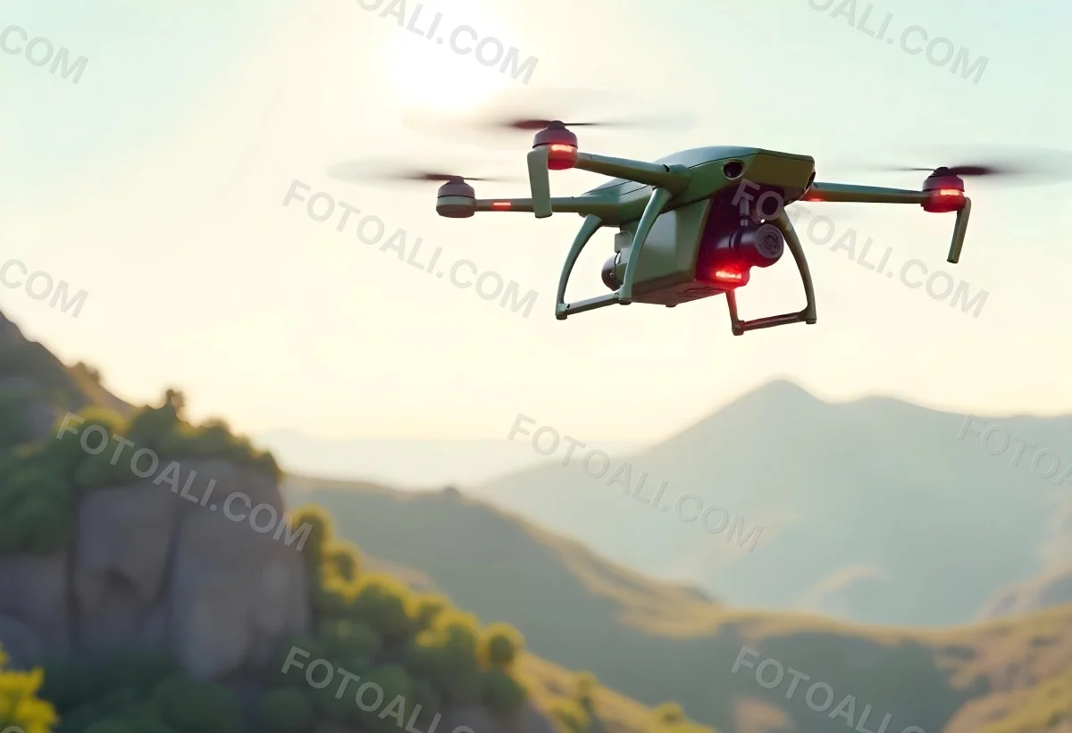 A Green Drone With A Green Tank Flying Over A Green Mountain Landscape The Sky Is Red Aerial Perspective Drone Delivery 17 2ccf