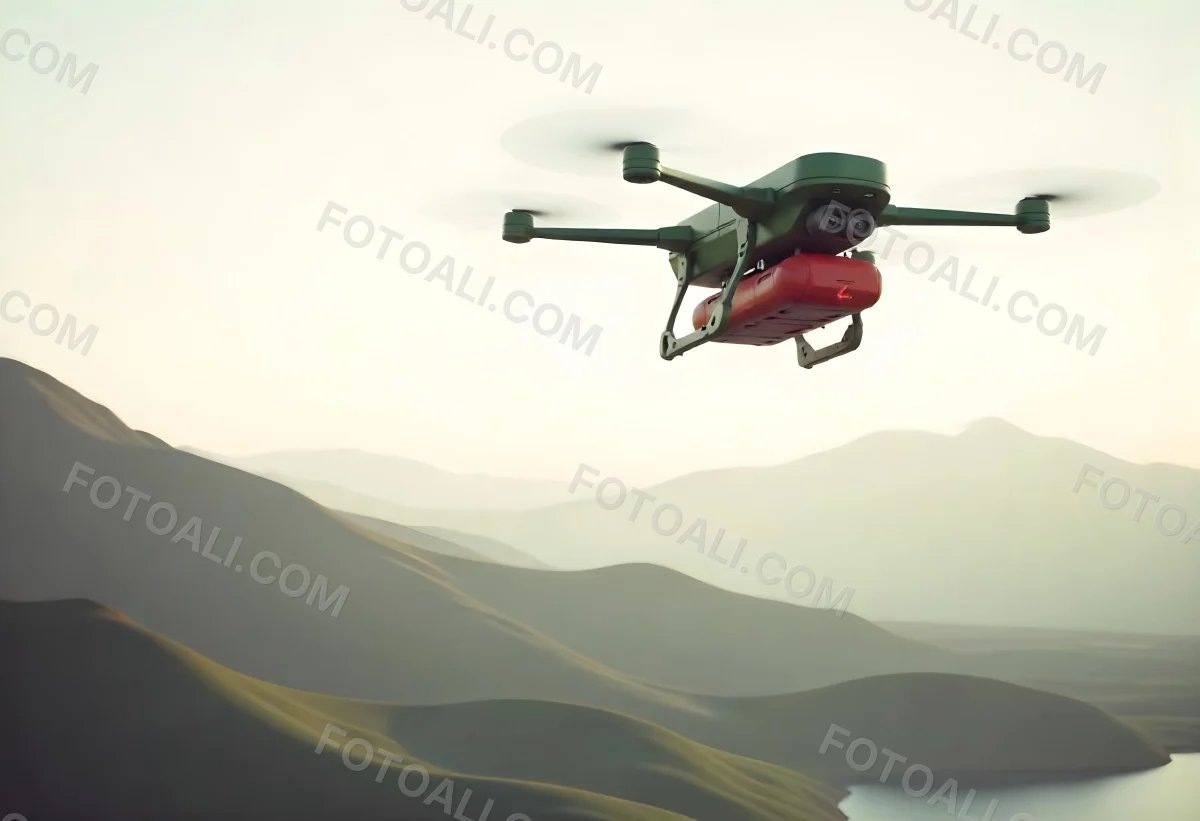 A Green Drone With A Green Tank Flying Over A Green Mountain Landscape The Sky Is Red Aerial Perspective Drone Delivery 19 6cc7