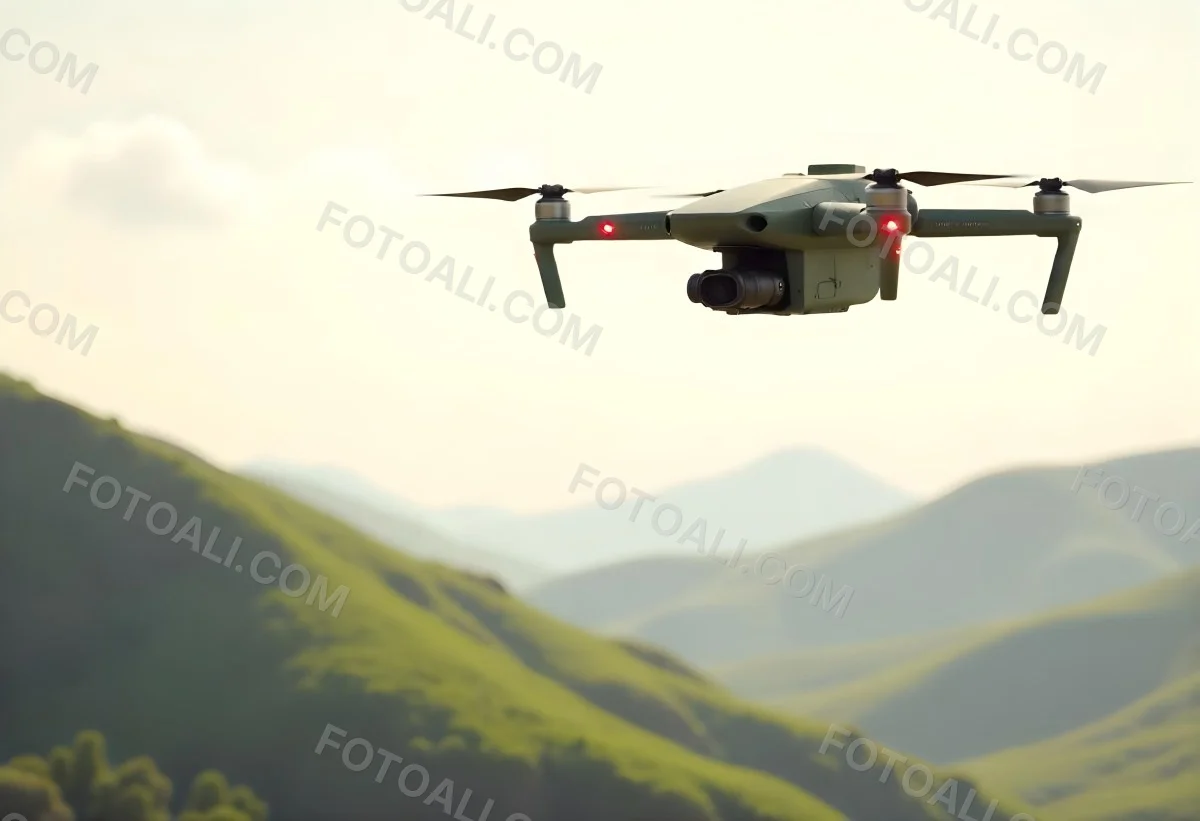 A Green Drone With A Green Tank Flying Over A Green Mountain Landscape The Sky Is Red Aerial Perspective Drone Delivery 2 7408