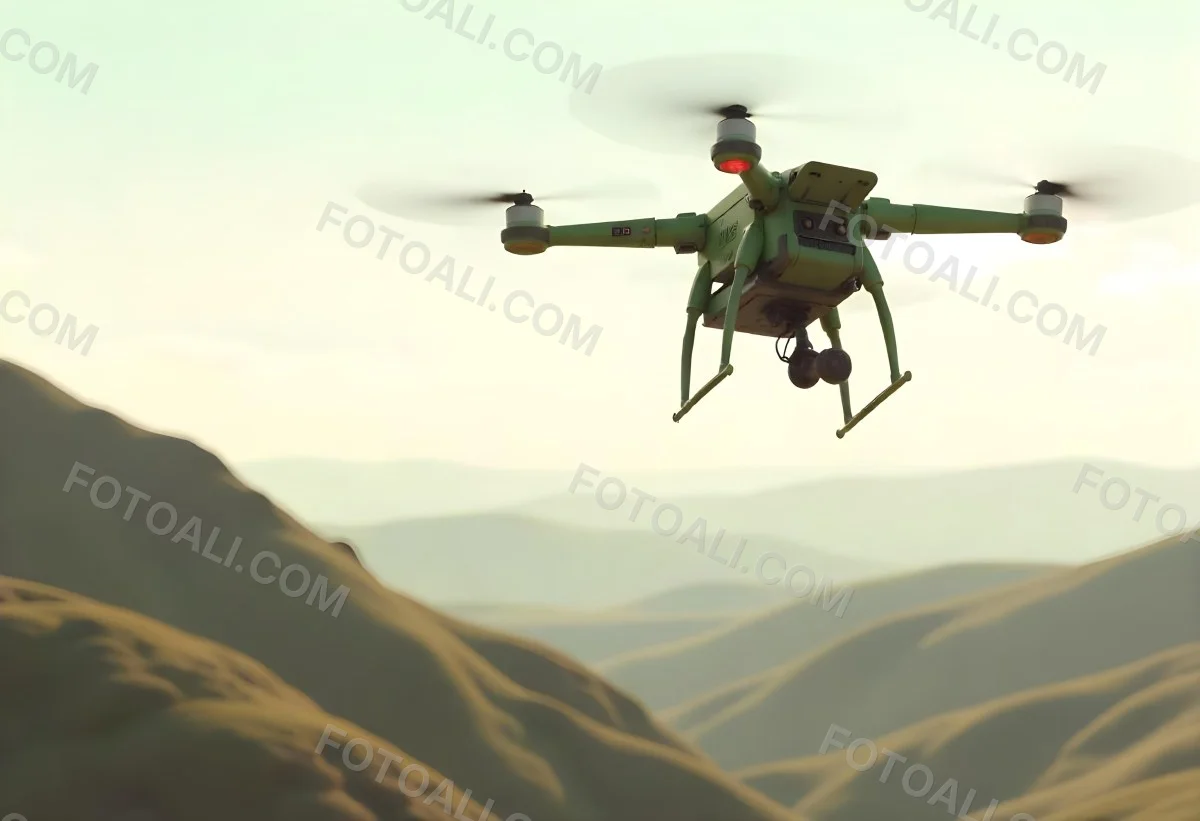 A Green Drone With A Green Tank Flying Over A Green Mountain Landscape The Sky Is Red Aerial Perspective Drone Delivery 5 3b35