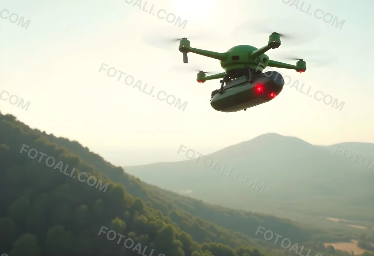 A Green Drone With A Green Tank Flying Over A Green Mountain Landscape The Sky Is Red Aerial Perspective Drone Delivery 7 0e1d