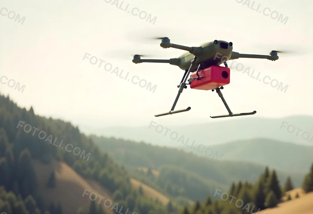 A Green Drone With A Green Tank Flying Over A Green Mountain Landscape The Sky Is Red Aerial Perspective Drone Delivery 8 Afc4