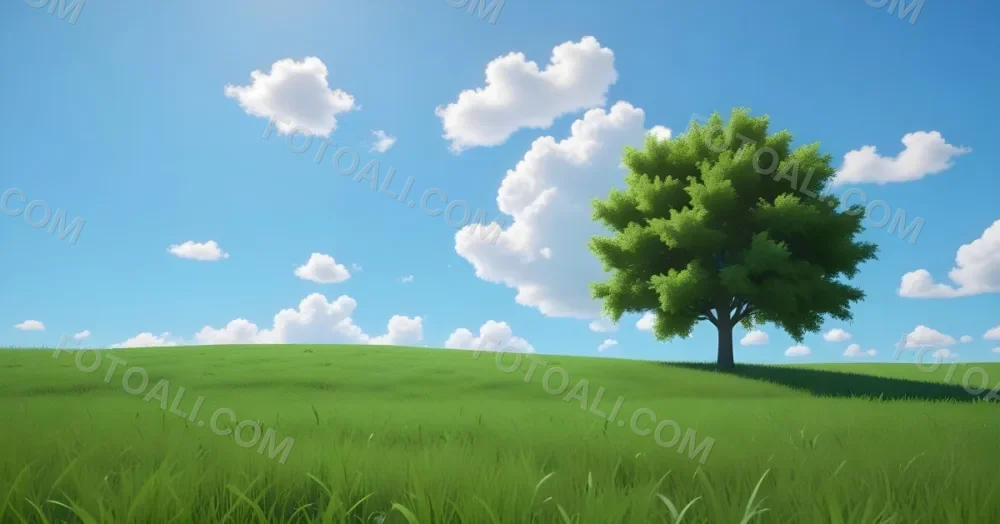 A Green Field With Grass And A Tree On A Sunny Day Blue Sky With Some Clouds In The Background 25 9e97