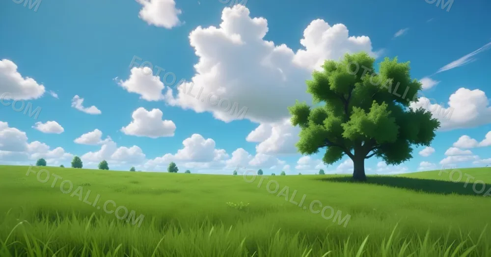A Green Field With Grass And A Tree On A Sunny Day Blue Sky With Some Clouds In The Background 29 0acc
