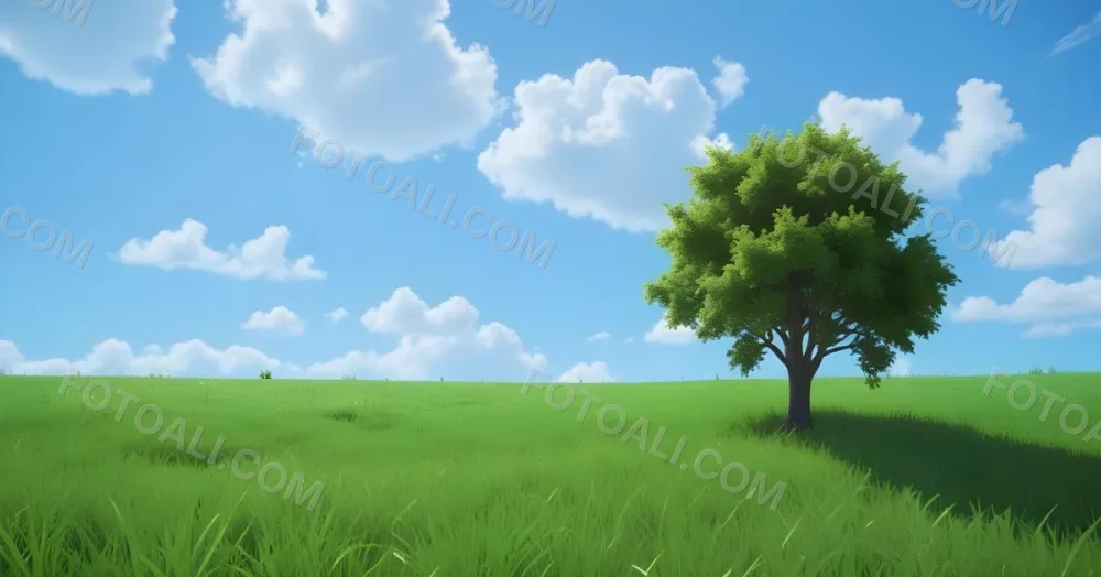 A Green Field With Grass And A Tree On A Sunny Day Blue Sky With Some Clouds In The Background 34 E7ce