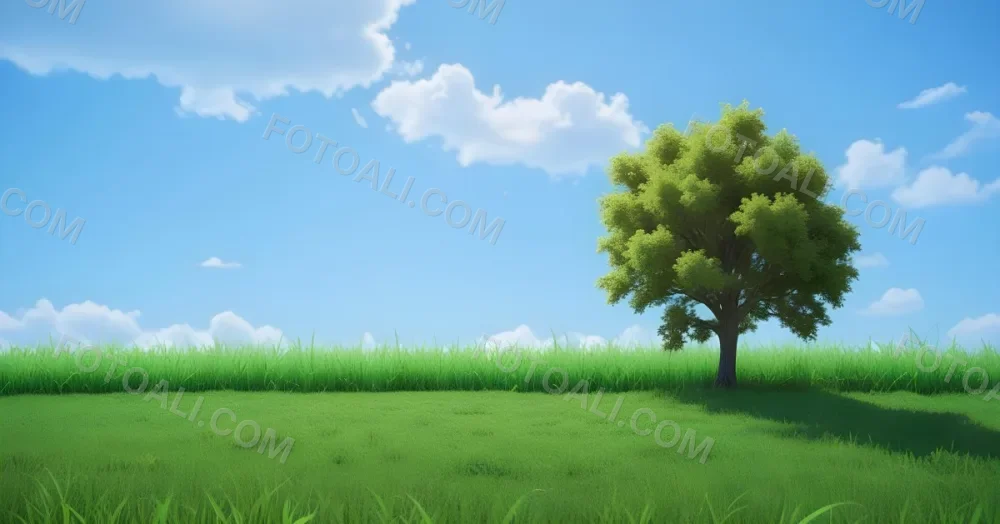 A Green Field With Grass And A Tree On A Sunny Day Blue Sky With Some Clouds In The Background 35 F0e7