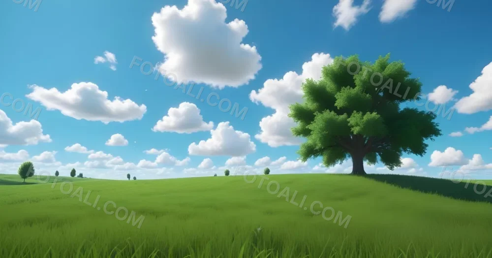 A Green Field With Grass And A Tree On A Sunny Day Blue Sky With Some Clouds In The Background 5 1204