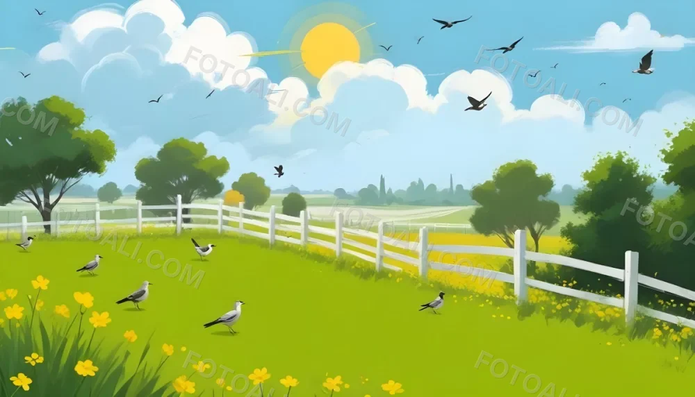 A Green Field With Yellow Flowers And A Yellow Fence With A Yellow Sky Yellow Clouds A White Sun And Some Birds In The Background 12 B9de