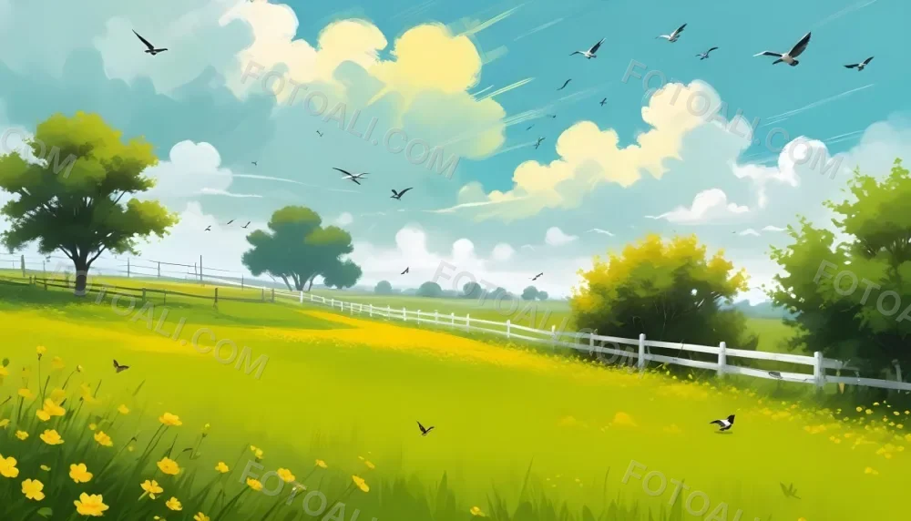 A Green Field With Yellow Flowers And A Yellow Fence With A Yellow Sky Yellow Clouds A White Sun And Some Birds In The Background 13 7345
