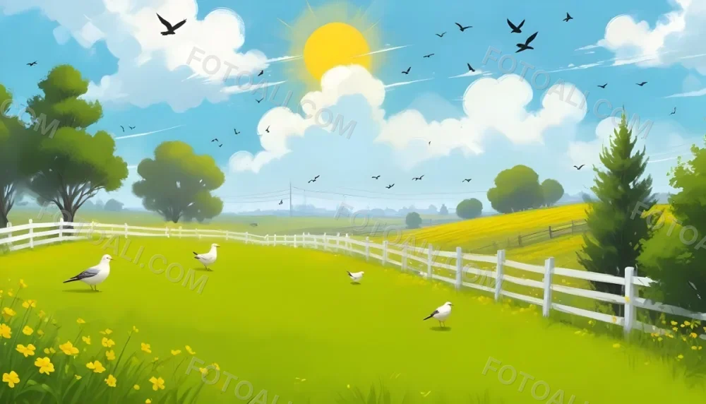 A Green Field With Yellow Flowers And A Yellow Fence With A Yellow Sky Yellow Clouds A White Sun And Some Birds In The Background 15 230e