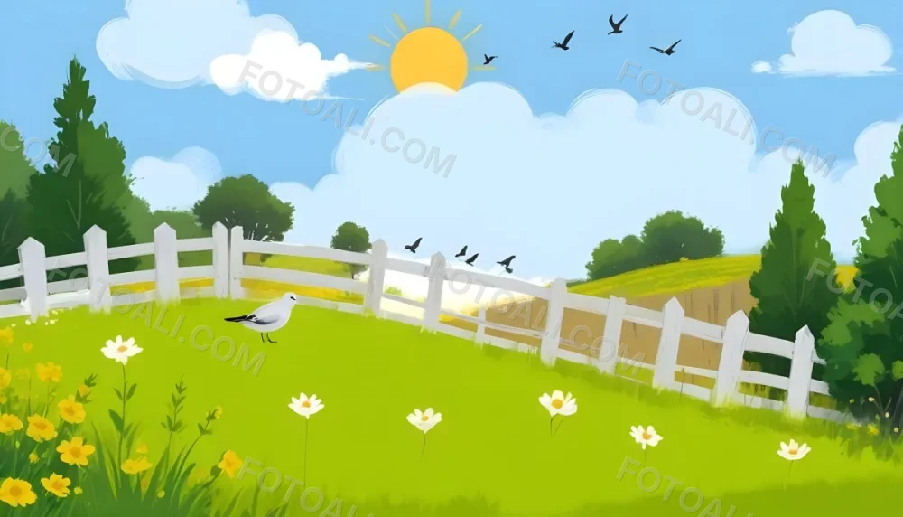 A Green Field With Yellow Flowers And A Yellow Fence With A Yellow Sky Yellow Clouds A White Sun And Some Birds In The Background 19 52cb