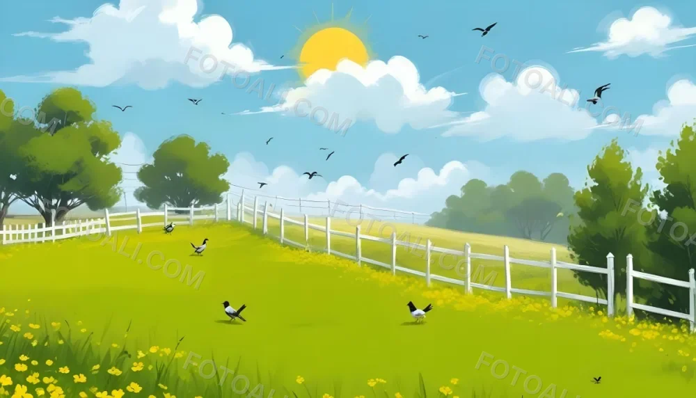 A Green Field With Yellow Flowers And A Yellow Fence With A Yellow Sky Yellow Clouds A White Sun And Some Birds In The Background 20 A5df