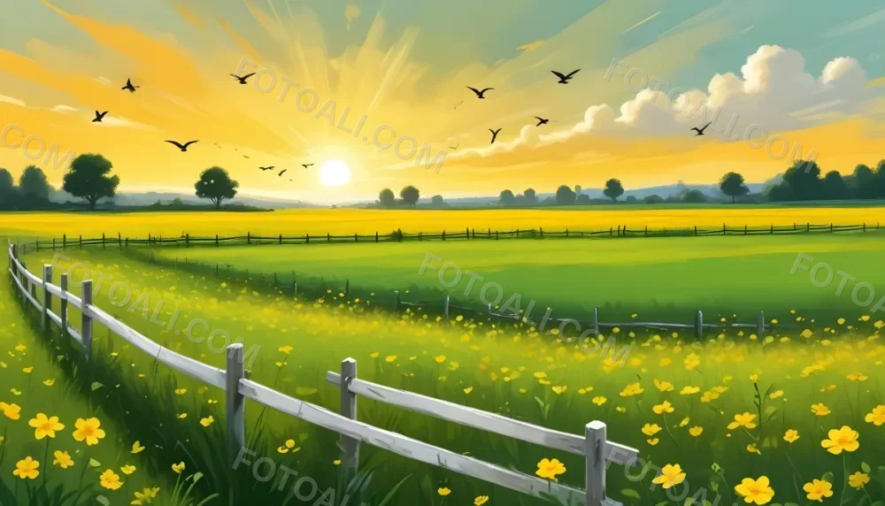 A Green Field With Yellow Flowers And A Yellow Fence With A Yellow Sky Yellow Clouds A White Sun And Some Birds In The Background 22 8fc1