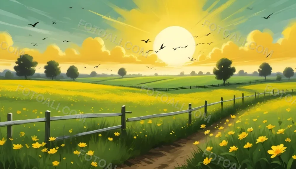 A Green Field With Yellow Flowers And A Yellow Fence With A Yellow Sky Yellow Clouds A White Sun And Some Birds In The Background 24 9e0e