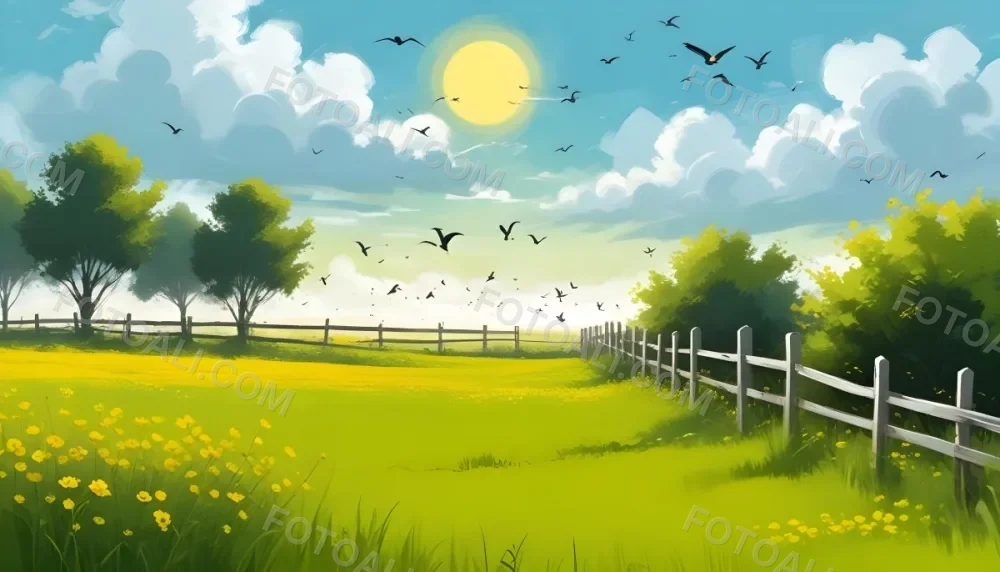A Green Field With Yellow Flowers And A Yellow Fence With A Yellow Sky Yellow Clouds A White Sun And Some Birds In The Background 4 34d2