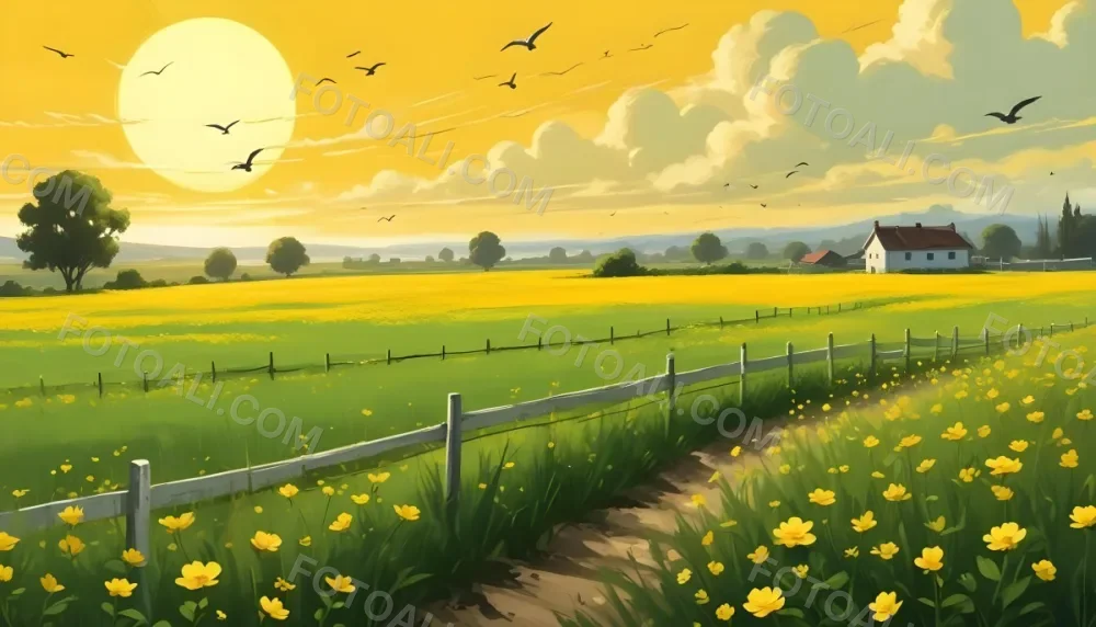 A Green Field With Yellow Flowers And A Yellow Fence With A Yellow Sky Yellow Clouds A White Sun And Some Birds In The Background 6 4426