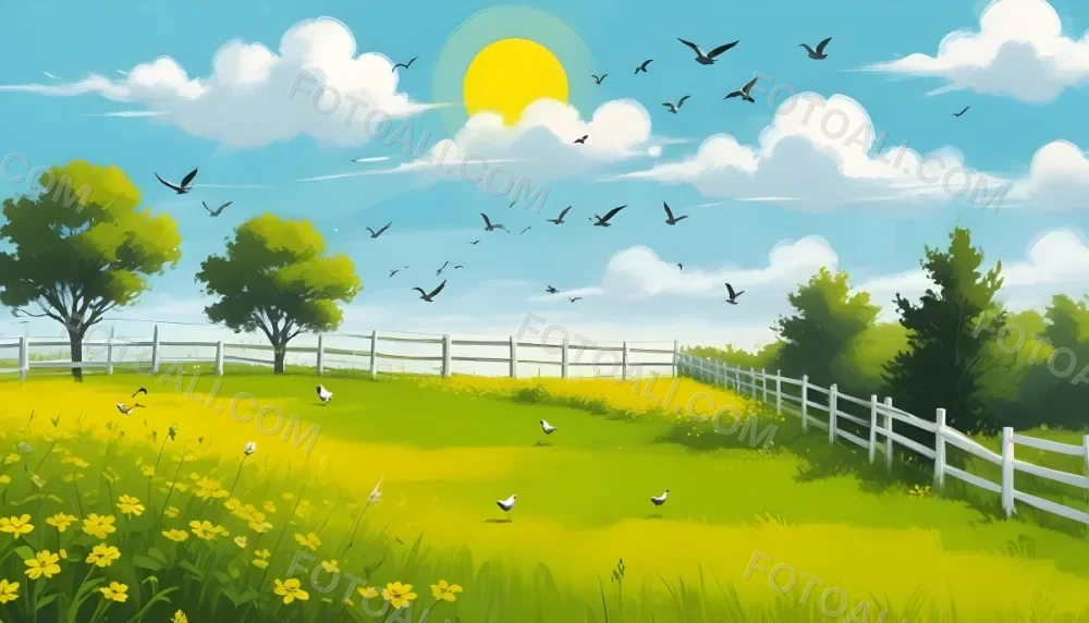 A Green Field With Yellow Flowers And A Yellow Fence With A Yellow Sky Yellow Clouds A White Sun And Some Birds In The Background 8 7fee