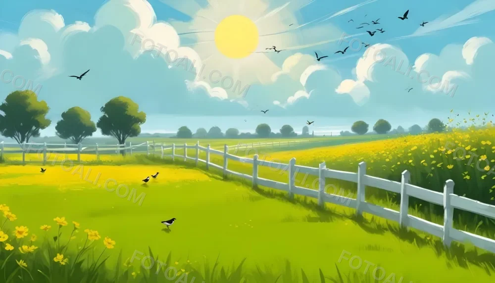 A Green Field With Yellow Flowers And A Yellow Fence With A Yellow Sky Yellow Clouds A White Sun And Some Birds In The Background 9 2636
