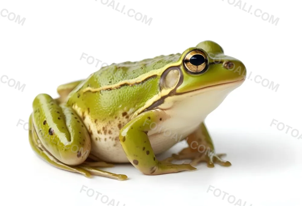 A Green Frog With Dark Spots Light Green Legs And A White Belly On A White Background 26 4039