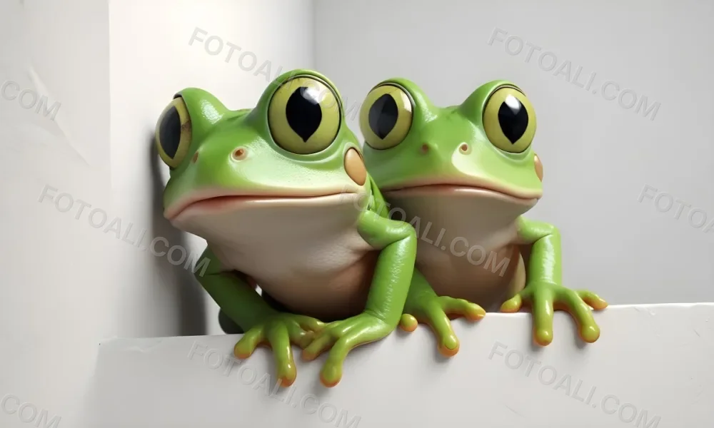 A Green Frog With Green Eyes And Green Paws Peeking Behind A White Wall Studio Lighting Clean Background 1 2532