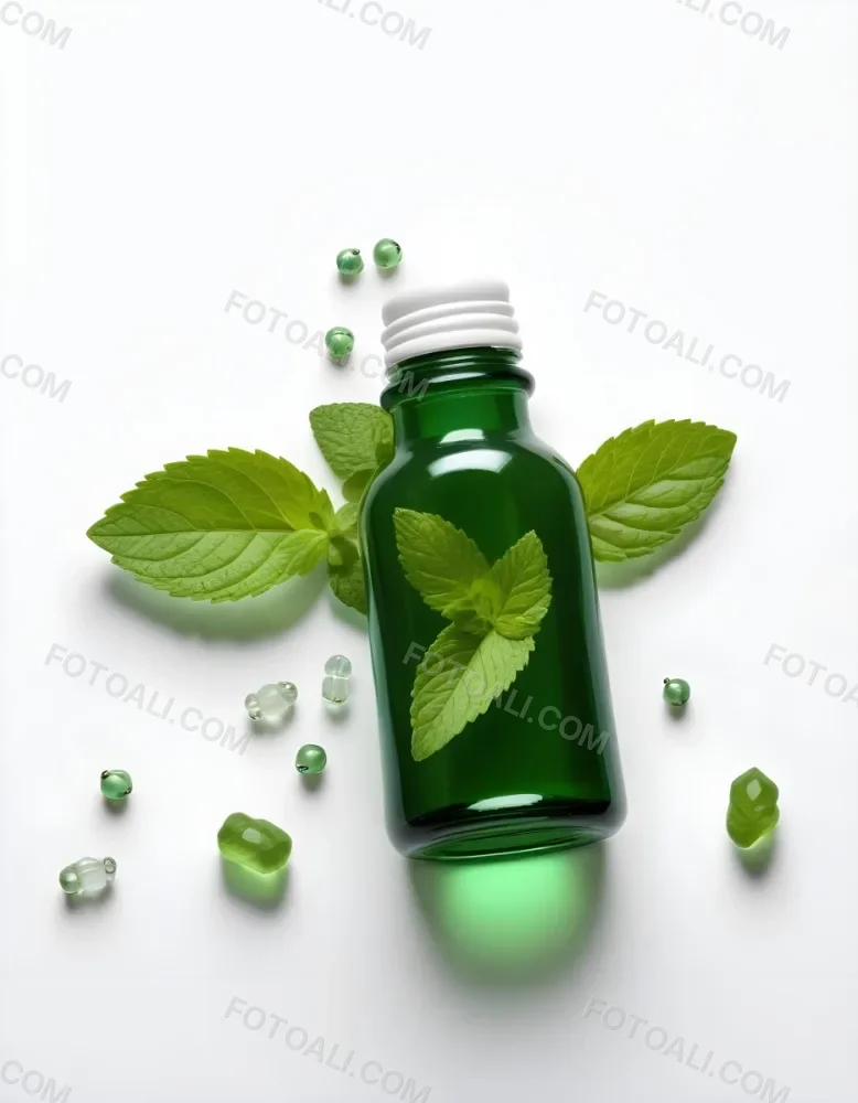 A Green Glass Bottle Filled With A Clear Liquid Surrounded By Fresh Mint Leaves And Small White Pills On A White Background 19 1d07