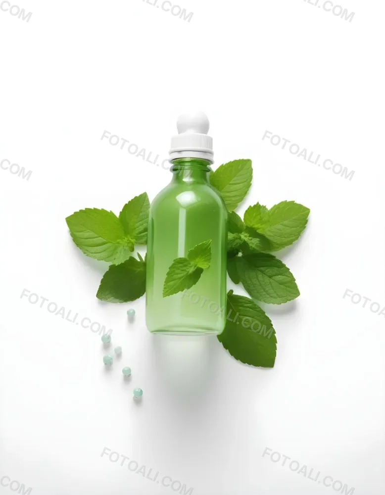 A Green Glass Bottle Filled With A Clear Liquid Surrounded By Fresh Mint Leaves And Small White Pills On A White Background 20 18c9