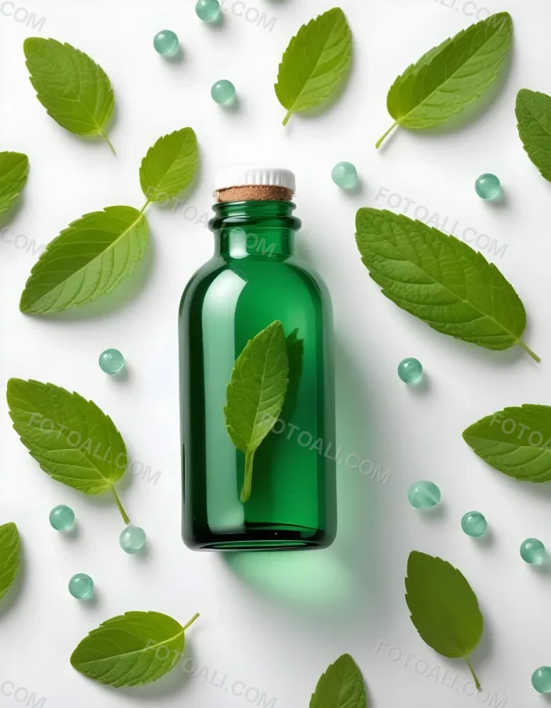 A Green Glass Bottle Filled With A Clear Liquid Surrounded By Fresh Mint Leaves And Small White Pills On A White Background 3 B55f