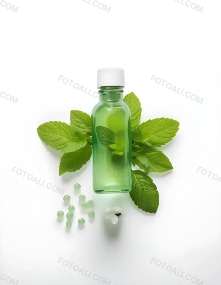A Green Glass Bottle Filled With A Clear Liquid Surrounded By Fresh Mint Leaves And Small White Pills On A White Background 32 F05d