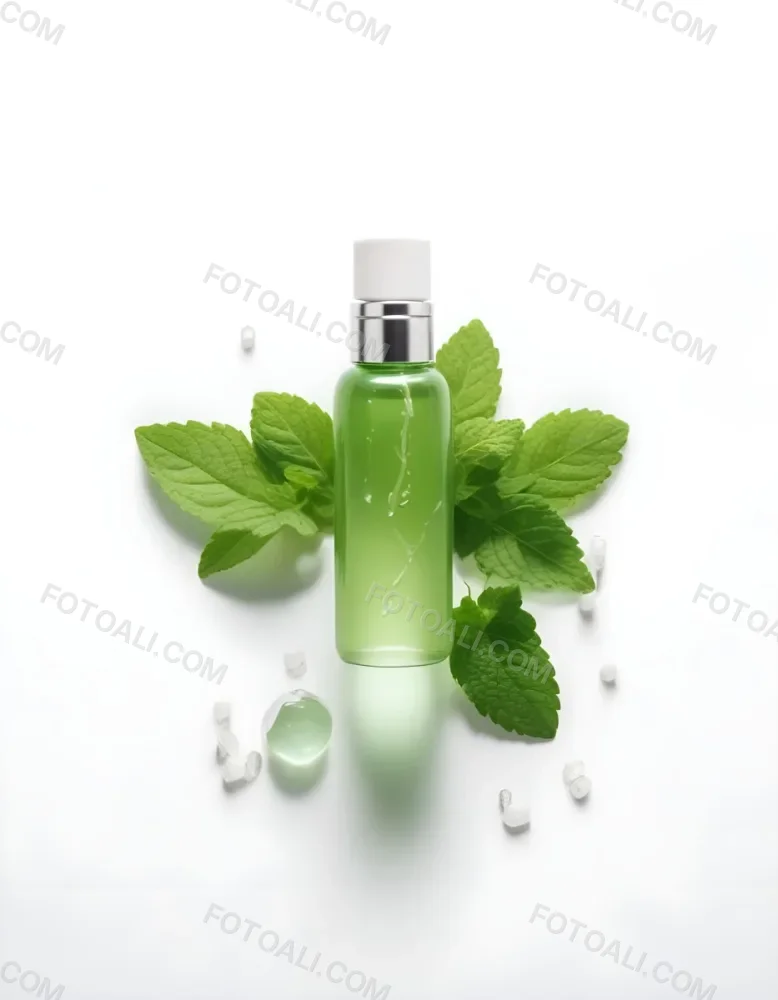 A Green Glass Bottle Filled With A Clear Liquid Surrounded By Fresh Mint Leaves And Small White Pills On A White Background 39 Be98