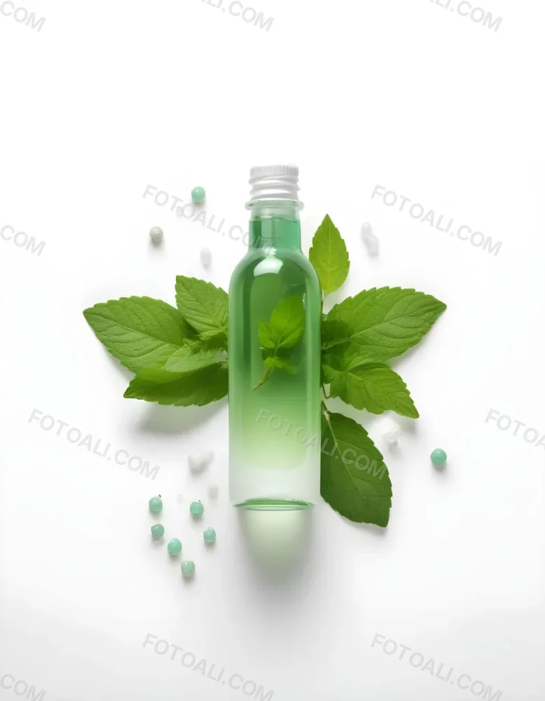 A Green Glass Bottle Filled With A Clear Liquid Surrounded By Fresh Mint Leaves And Small White Pills On A White Background 46 204e
