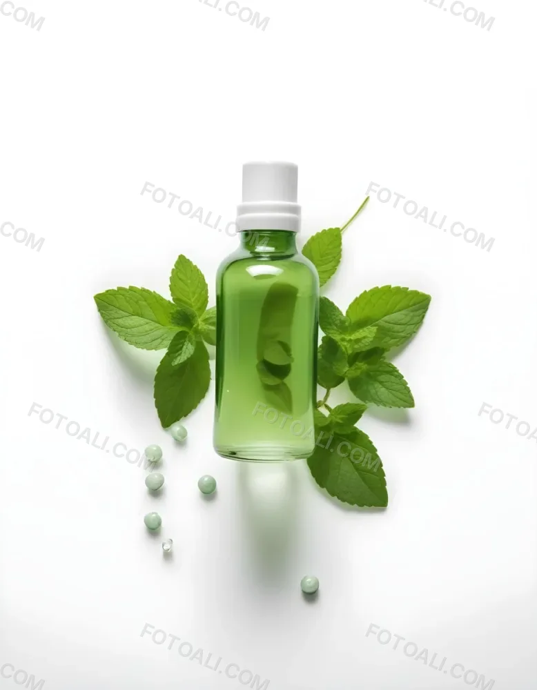A Green Glass Bottle Filled With A Clear Liquid Surrounded By Fresh Mint Leaves And Small White Pills On A White Background 49 C444