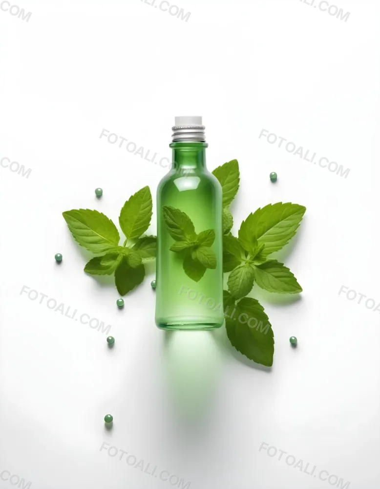 A Green Glass Bottle Filled With A Clear Liquid Surrounded By Fresh Mint Leaves And Small White Pills On A White Background 51 F817
