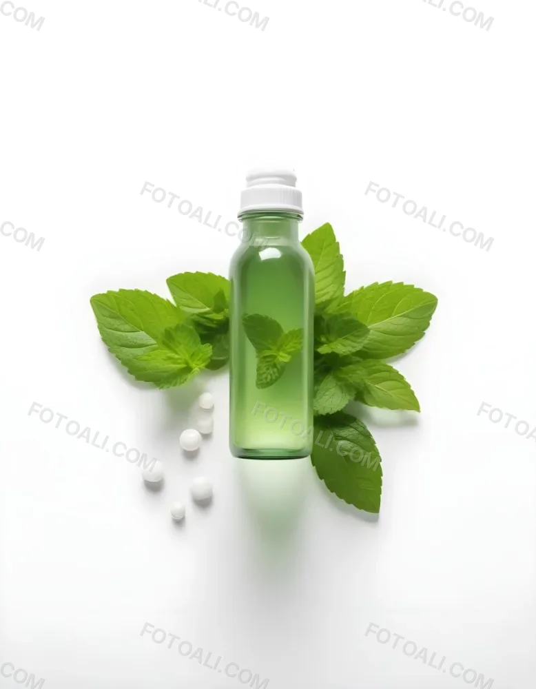 A Green Glass Bottle Filled With A Clear Liquid Surrounded By Fresh Mint Leaves And Small White Pills On A White Background 55 1055
