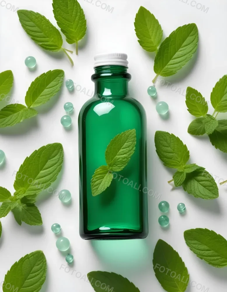 A Green Glass Bottle Filled With A Clear Liquid Surrounded By Fresh Mint Leaves And Small White Pills On A White Background 64 985a