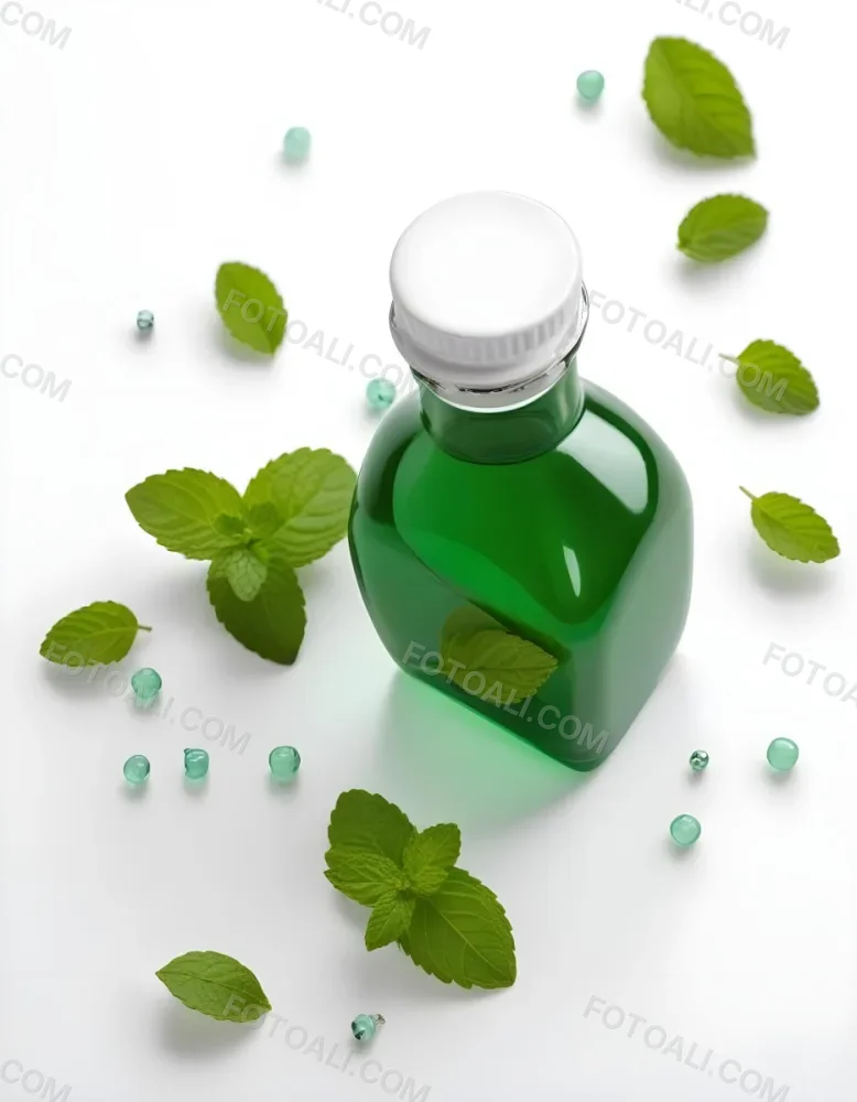 A Green Glass Bottle Filled With A Clear Liquid Surrounded By Fresh Mint Leaves And Small White Pills On A White Background 69 98b7
