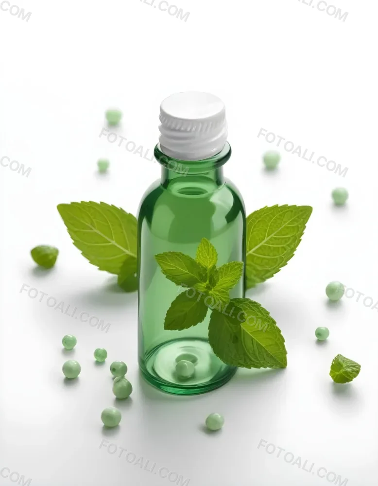 A Green Glass Bottle Filled With A Clear Liquid Surrounded By Fresh Mint Leaves And Small White Pills On A White Background 7 B4e1