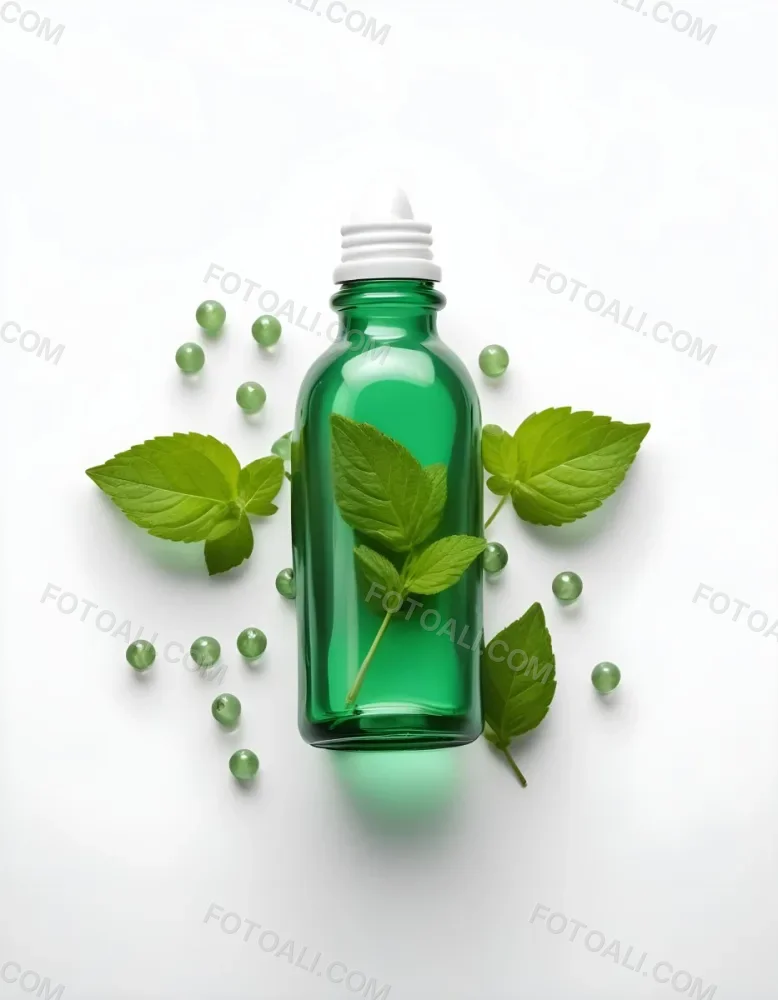 A Green Glass Bottle Filled With A Clear Liquid Surrounded By Fresh Mint Leaves And Small White Pills On A White Background 9 F1d0