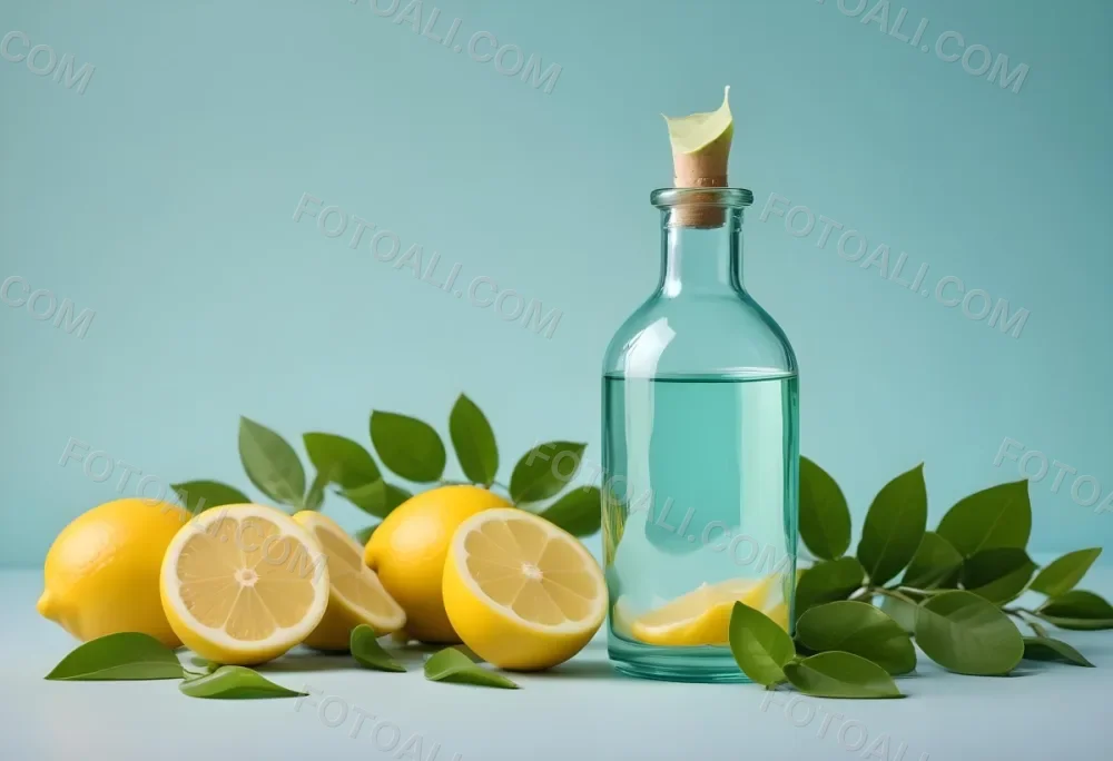 A Green Glass Bottle With A Dropper Surrounded By Sliced Lemons And Lemon Leaves On A Light Blue Background 11 28fe