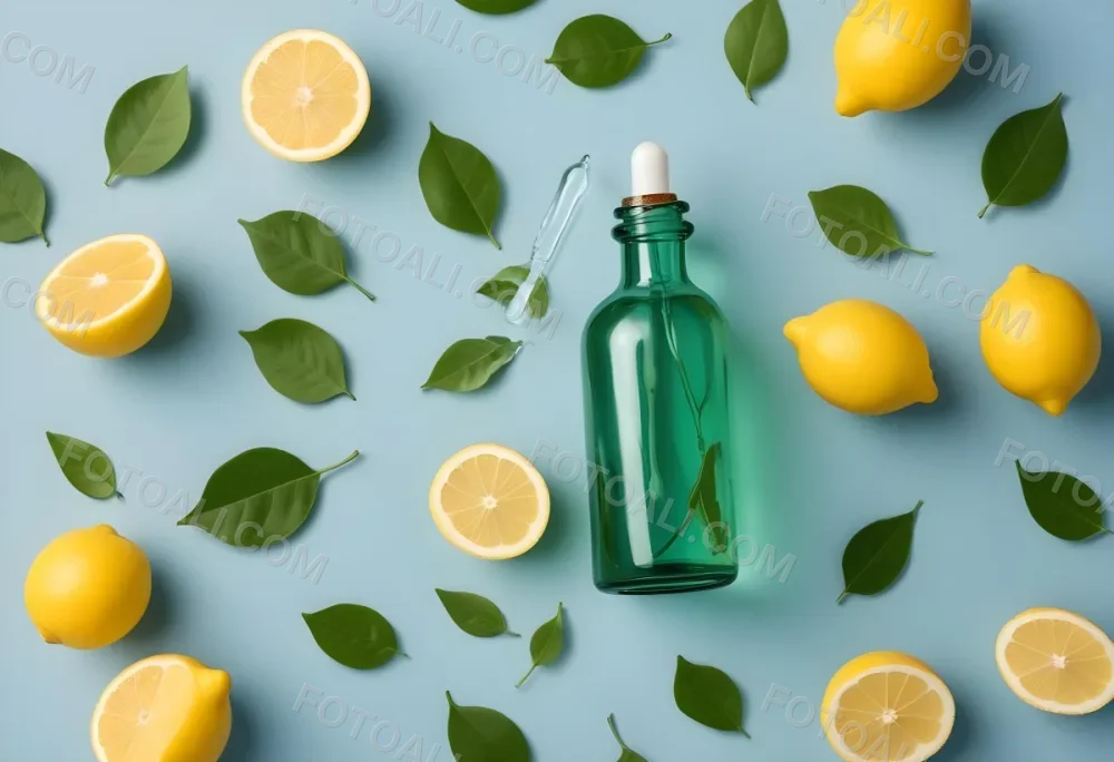 A Green Glass Bottle With A Dropper Surrounded By Sliced Lemons And Lemon Leaves On A Light Blue Background 16 951d