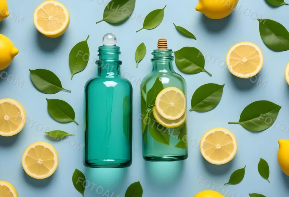 A Green Glass Bottle With A Dropper Surrounded By Sliced Lemons And Lemon Leaves On A Light Blue Background 2 21d5