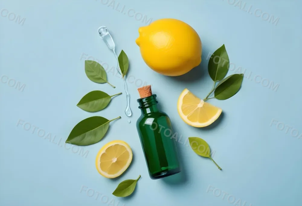 A Green Glass Bottle With A Dropper Surrounded By Sliced Lemons And Lemon Leaves On A Light Blue Background 20 4f23