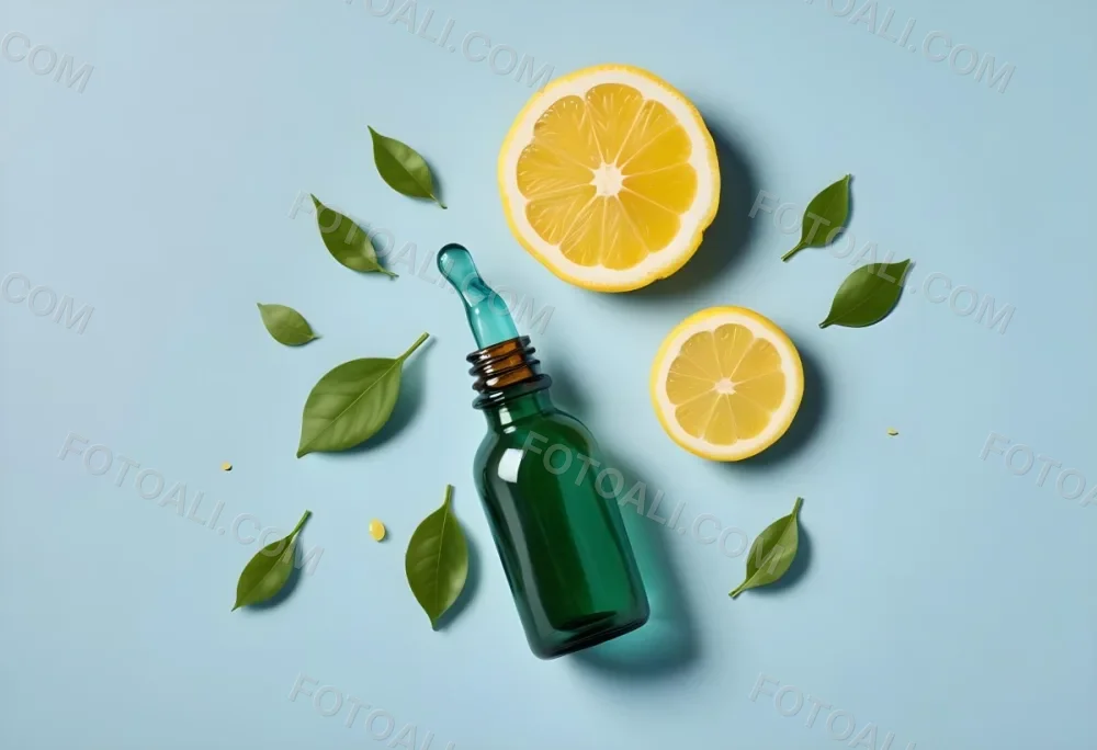 A Green Glass Bottle With A Dropper Surrounded By Sliced Lemons And Lemon Leaves On A Light Blue Background 21 71a1