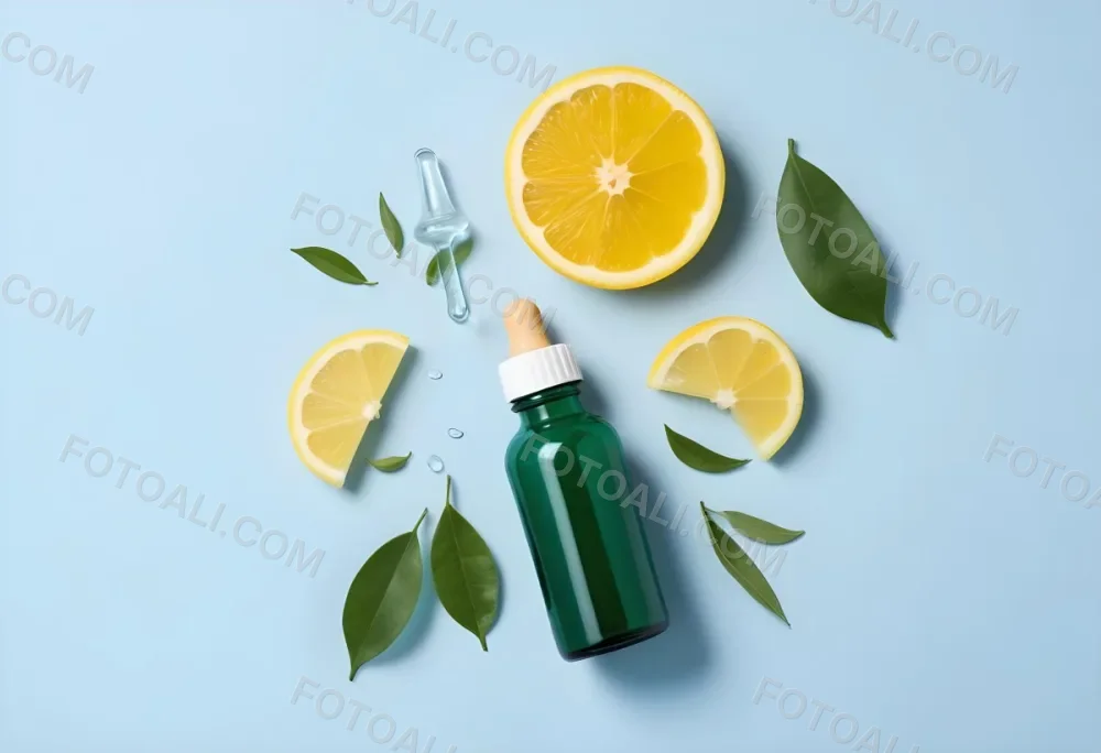 A Green Glass Bottle With A Dropper Surrounded By Sliced Lemons And Lemon Leaves On A Light Blue Background 23 C4e5