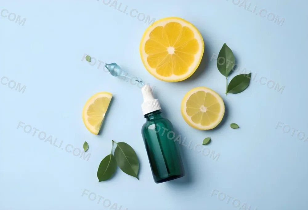 A Green Glass Bottle With A Dropper Surrounded By Sliced Lemons And Lemon Leaves On A Light Blue Background 24 50c7
