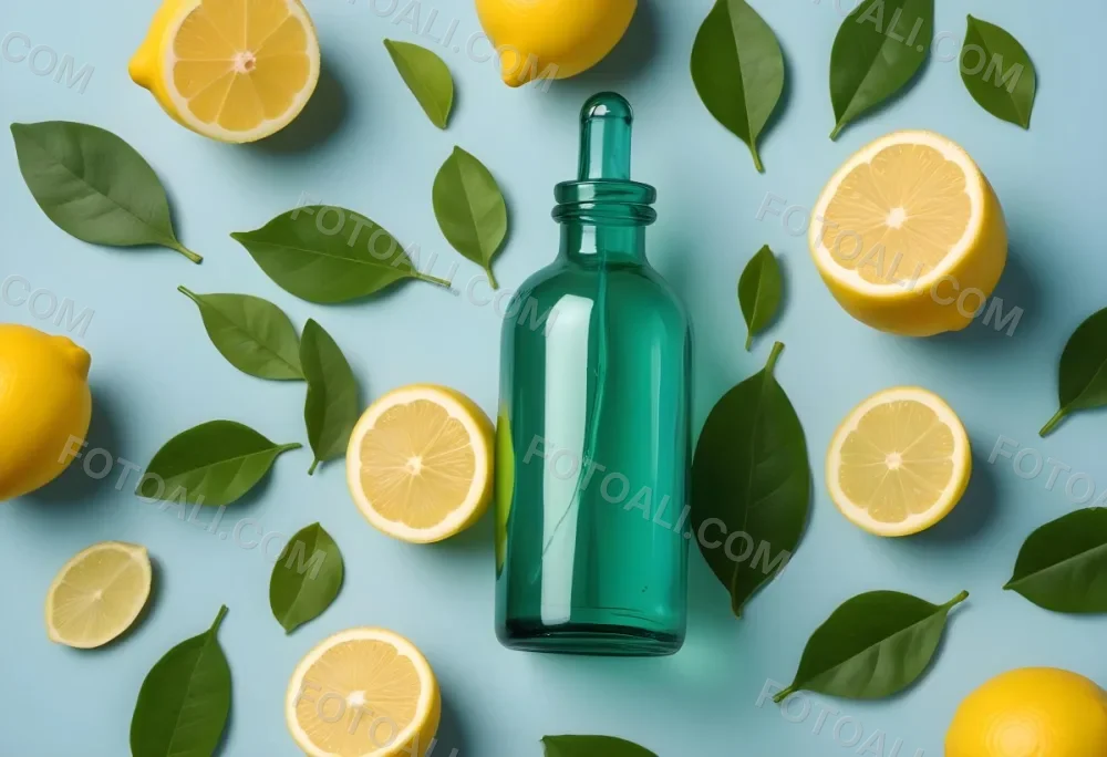A Green Glass Bottle With A Dropper Surrounded By Sliced Lemons And Lemon Leaves On A Light Blue Background 3 82a2