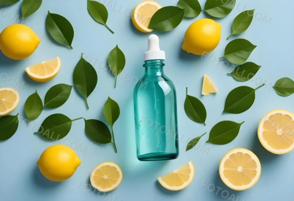 A Green Glass Bottle With A Dropper Surrounded By Sliced Lemons And Lemon Leaves On A Light Blue Background 5 92c7