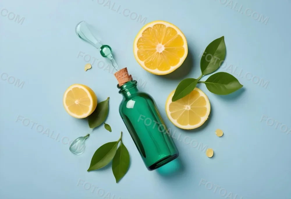 A Green Glass Bottle With A Dropper Surrounded By Sliced Lemons And Lemon Leaves On A Light Blue Background 6 2da4