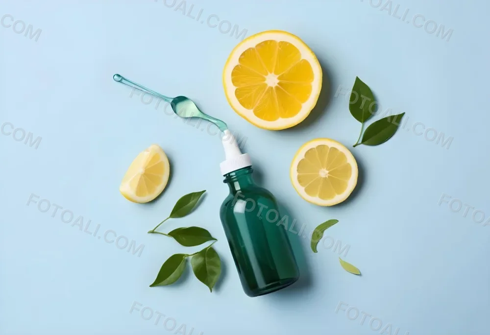 A Green Glass Bottle With A Dropper Surrounded By Sliced Lemons And Lemon Leaves On A Light Blue Background 9 11f4