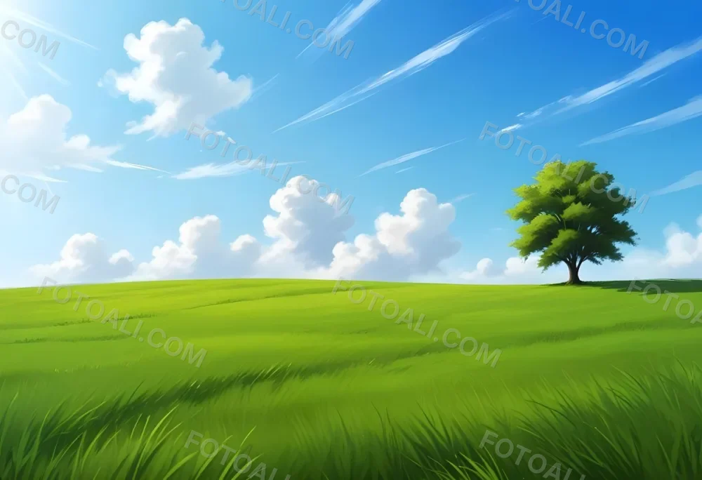A Green Grass Field With A Tree On The Right Side Blue Sky With Some Clouds In A Sunny Day 16 1a1a