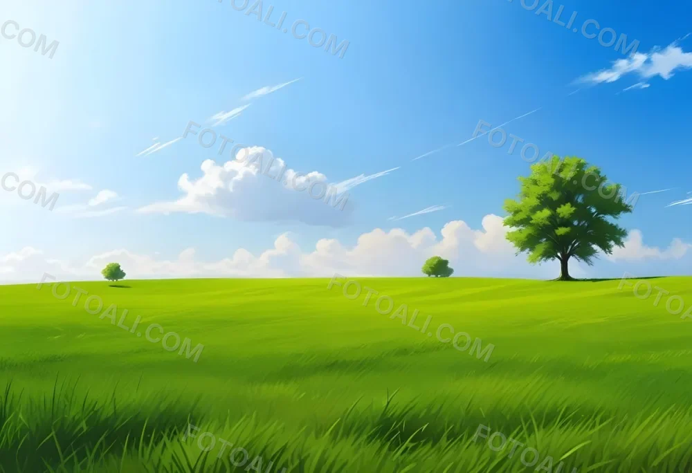 A Green Grass Field With A Tree On The Right Side Blue Sky With Some Clouds In A Sunny Day 2 Da64